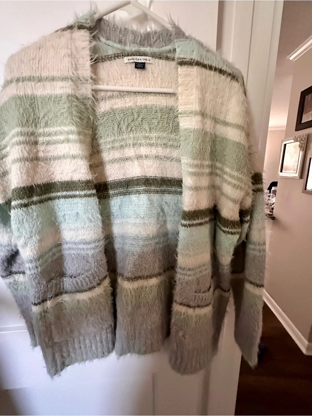American Eagle Outfitters Soft Stripe Open-Front Cardigan Sweater - Mint & Cream